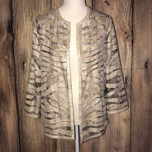 CHICOS SIZE 0 MEDIUM OPEN FRONT GRAY AND TAN JACKET SNAKESKIN-LOOK